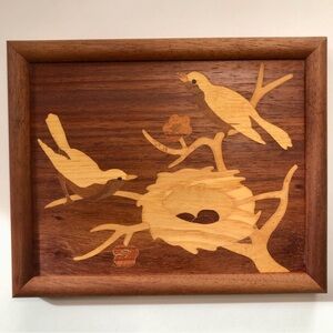 Marquetry Wood Inlay Birds Nest Eggs Tree Picture Wall Hanging 11" x 9" x 1" VTG